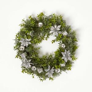 Artificial Christmas Wreath Decorated with Silver Christmas Flowers, Presents, 18 Inch