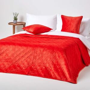 Burnt Orange Quilted Velvet Bedspread Geometric Double Bed Throw