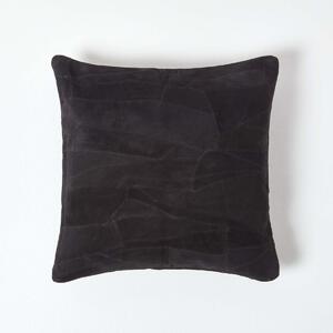 Homescapes Black Real Leather Suede Cushion with Feather Filling