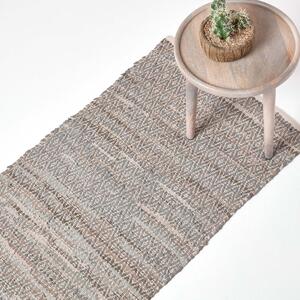 Grey Real Leather Handwoven Diamond Pattern Hall Runner, 66 x 200 cm