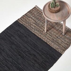 Black Recycled Leather Handwoven Herringbone Rug, 90 x 150 cm