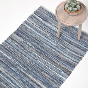 Homescapes Blue Denim Handwoven Striped Chindi Rug, 90 x 150 cm