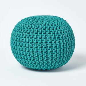 Homescapes Teal Green Knitted Cotton Pouffe Footstool Round 35 x 40 cm