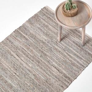 Grey Real Leather Handwoven Diamond Pattern Rug, 90 x 150 cm