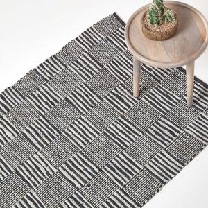 Black & White Real Leather Handwoven Striped Block Check Rug, 90 x 150 cm