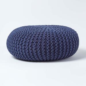 Homescapes Navy Knitted Cotton Large Round Pouffe Foostool 70 x 23cm