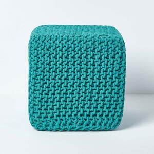 Homescapes Teal Green Knitted Cotton Cube Footstool 35 x 35 x 35 cm