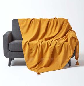 Homescapes Cotton Rajput Ribbed Mustard Throw, 225 x 255cm