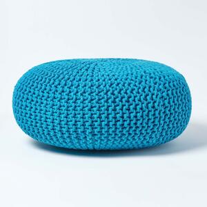 Teal Blue Knitted Cotton Large Round Pouffe Footstool 70 x 23 cm