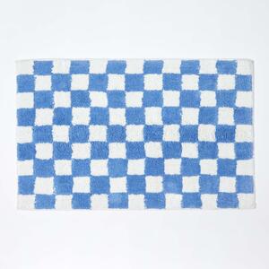 Homescapes Blue & White Check 100% Cotton Non Slip Bath Mat