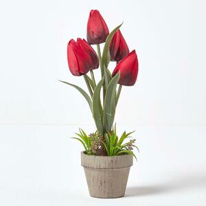 Homescapes Dark Red Artificial Tulips Grey Decorative Stone Pot, 27 cm