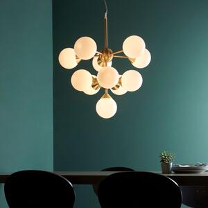 11 Light Ceiling Pendant Light In Brushed Brass Plate With Gloss White Glass Shades