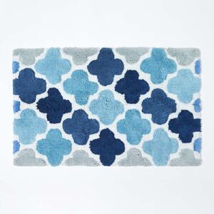 Homescapes Blue & Grey Pattern 100% Cotton Non Slip Bath Mat