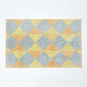 Homescapes Mustard Yellow and Grey Harlequin Diamond Check 100% Cotton Bath Mat, 50 x 80 cm, Machine Washable, Soft and Super Absorbent, Latex Reverse