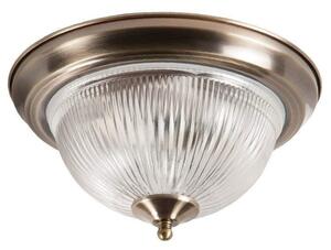 2 Light Antique Brass IP44 Bathroom Flush Ceiling Light with Clear ribbed Glass Shade