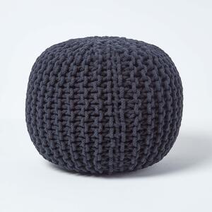 Homescapes Black Knitted Cotton Pouffe Footstool Round 35 x 40 cm