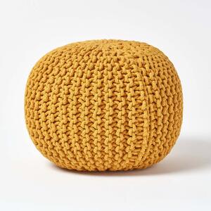 Homescapes Mustard Knitted Cotton Pouffe Footstool Round 35 x 40 cm