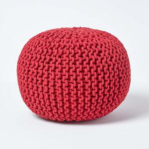 Homescapes Red Knitted Cotton Pouffe Footstool Round 35 x 40 cm