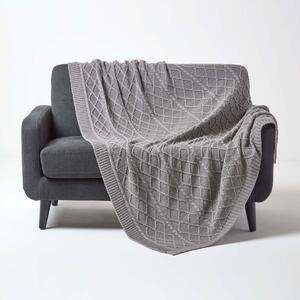 Homescapes Grey Cable Knit Throw Soft Cotton Blanket, 130 x 170 cm