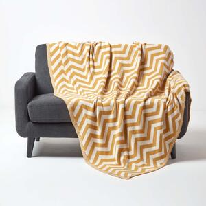 Mustard Yellow and Off White Chevron Cotton Knitted Throw 130 x 170 cm