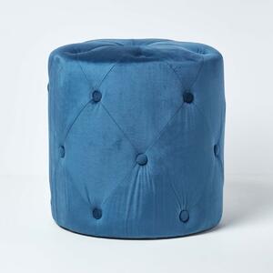 Navy Blue Round Velvet Footstool Quilted Pouffe Ottoman with Buttons