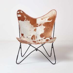 Butterfly Accent Chair Brown and Cream Leather Cow Hide Sling Armchair