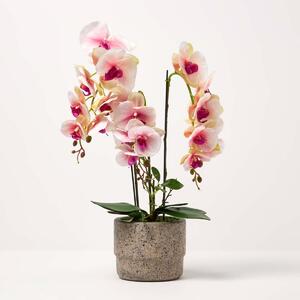 Large 64cm Lifelike Pink Artificial Orchid in Grey Cement Pot