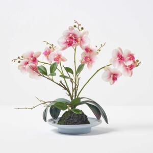 Homescapes Pink 38cm Lifelike Artificial Orchid in Grey Ceramic Bowl