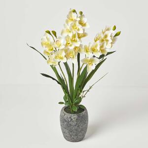 Extra Large 82cm Cymbidium Artificial White Orchid in Grey Cement Pot