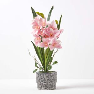 Large 58cm Cymbidium Pink Artificial Orchid in Grey Cement Pot