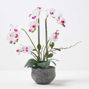 Homescapes 52cm Lifelike Artificial White Orchid in Grey Cement Pot