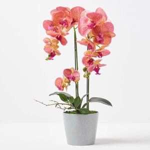 Large 58cm Lifelike Artificial Orange Orchid in Grey Ceramic Pot