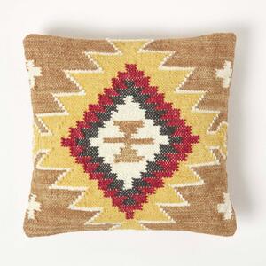 Homescapes Brown & Orange Kilim Cushion 45x45cm Wool Textured Cushion