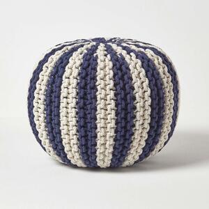 HOMESCAPES Navy and Off White Knitted Pouffe Striped Footstool 35 x 40cm