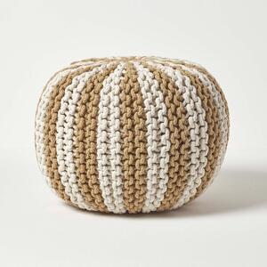 HOMESCAPES Off White and Linen Knitted Pouffe Striped Footstool 35 x 40cm