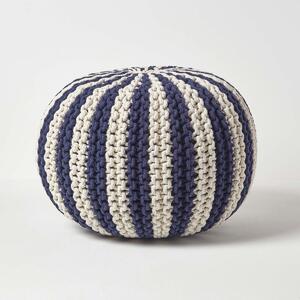 HOMESCAPES Navy and Off White Knitted Pouffe Striped Footstool 40 x 50cm