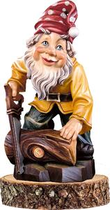 Gnome woodcutter collector on a wooden pedestal