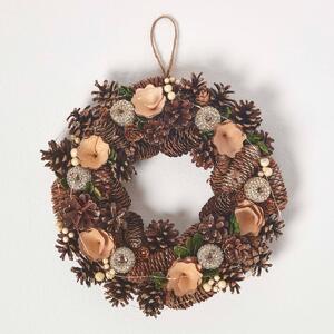 Homescapes LED Gold Christmas Wreath with Pinecones and Baubles 36 cm