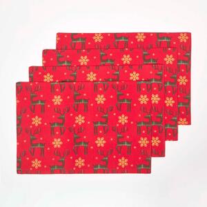 Homescapes Set of 4 Red Placemats Cotton Christmas Reindeer Design