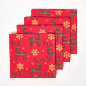 Homescapes Set of 4 Red Napkins 100% Cotton Christmas Reindeer Design