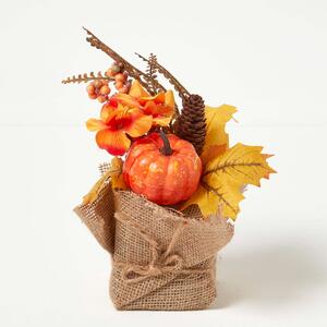 Orange Autumn Decoration with Pumpkins and Maple Leaves, 25 cm Tall