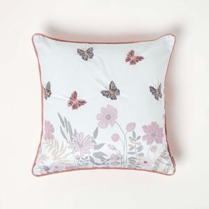 Pink Floral & Butterfly Embroidered Cushion with Feather Filling 45 x 45 cm