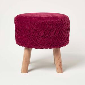 Lyla Dark Pink Pleated Velvet Round Pouffe Footstool on Legs 40cm Tall