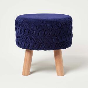 Lyla Navy Blue Pleated Velvet Round Pouffe Footstool on Legs 40cm Tall