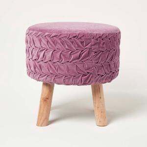 Lyla Purple Pink Pleated Velvet Round Pouffe Footstool on Legs 40cm Tall