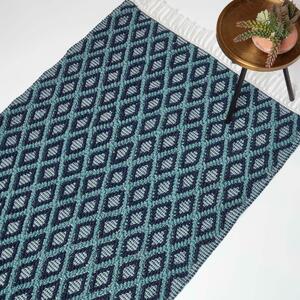 Teal & Navy Textured Rug 90 x 150 cm Geometric Ikat with Tassels