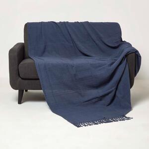 Homescapes Navy Blue Cotton Throw with Tassels 150 x 200 cm