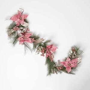 Homescapes Pink & Green Poinsettia Christmas Garland, 182 cm