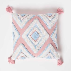 Homescapes Geometric Ikat Blue & Pink Tufted Cotton Cushion with Tassles 45 x 45 cm