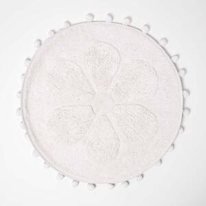 Homescapes Floral White Cotton Bath Mat with Pom Pom Edges